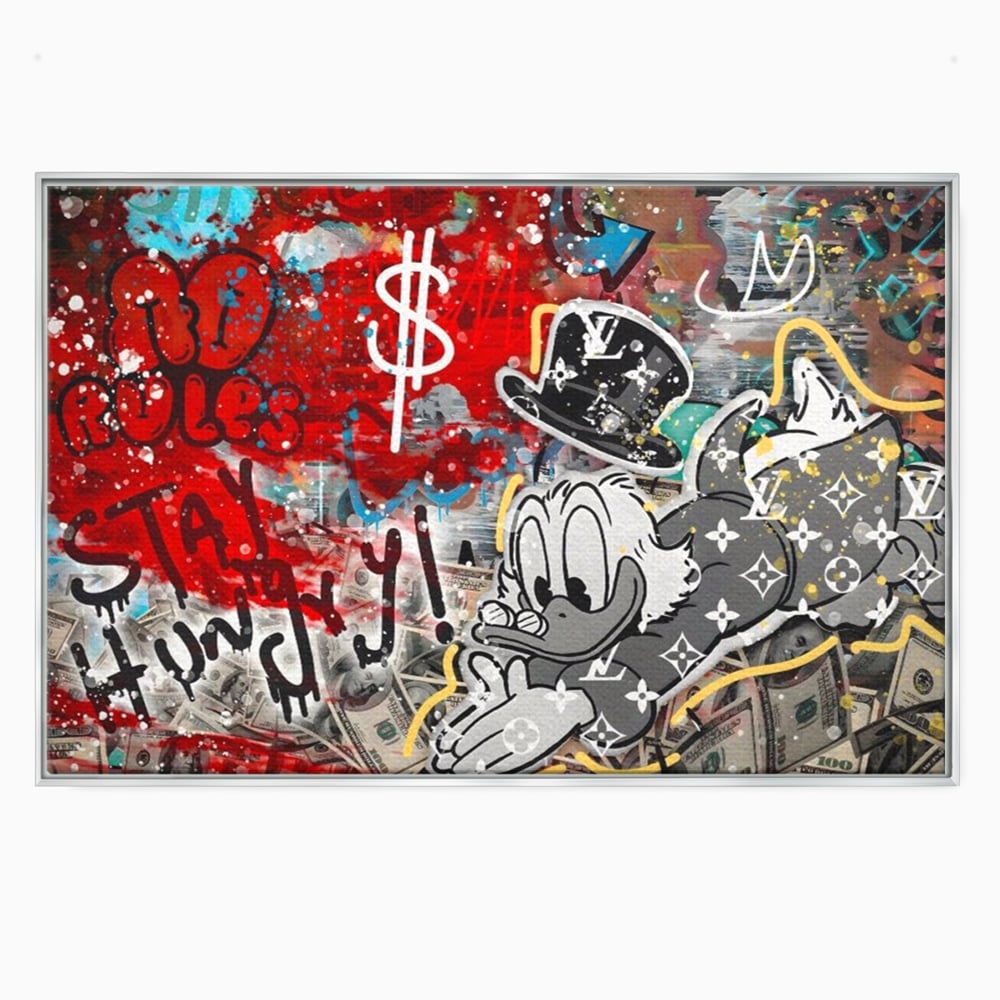 Tablou canvas cu tablou canvas cu scrooge mcduck si graffiti, in rama de aluminiu argintiu